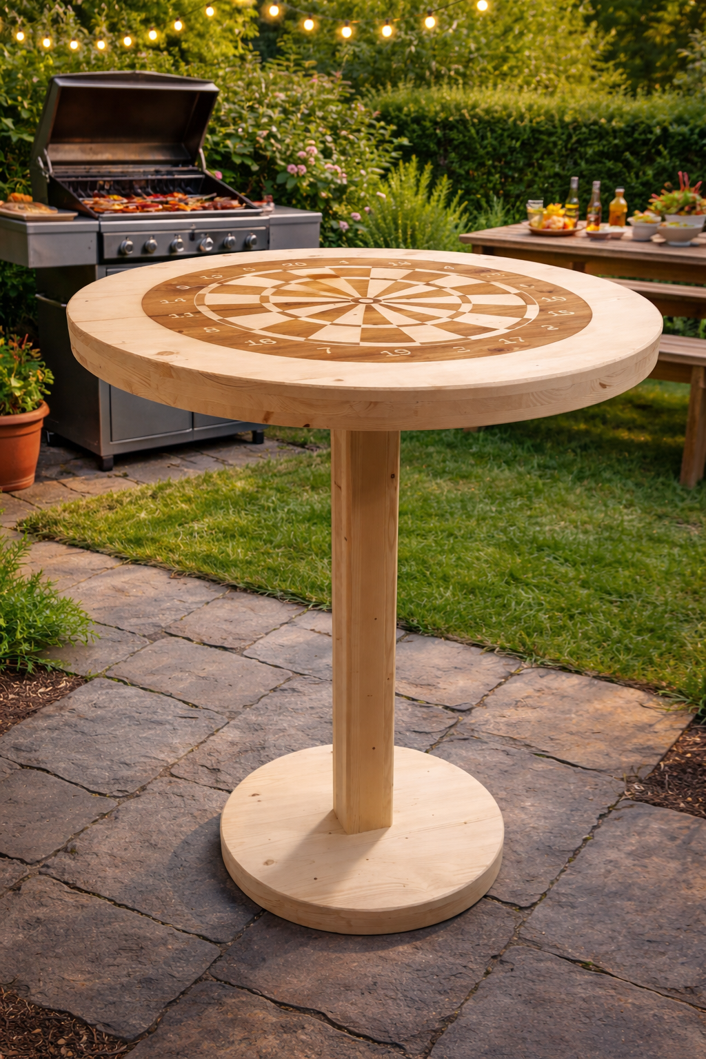 Rustikaler Stehtisch mit individuellem Gartendekor Einbrand